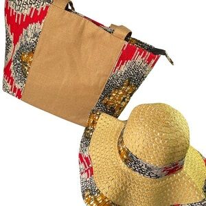 Set African Canvas Zip Closure Large Padded Tote Bag and One Size Straw Hat